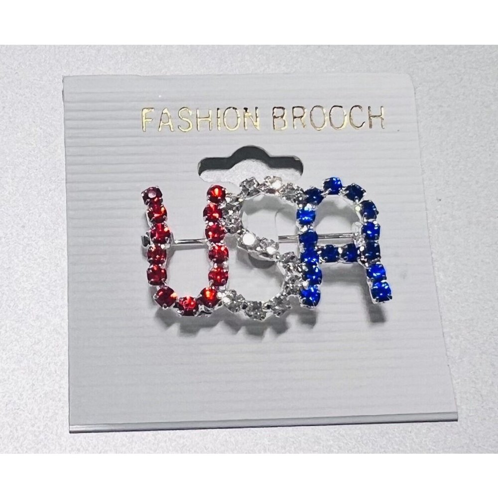 Silver Tone USA Red White Blue Rhinestone Patriotic Pin Brooch 1.5" 4th of July